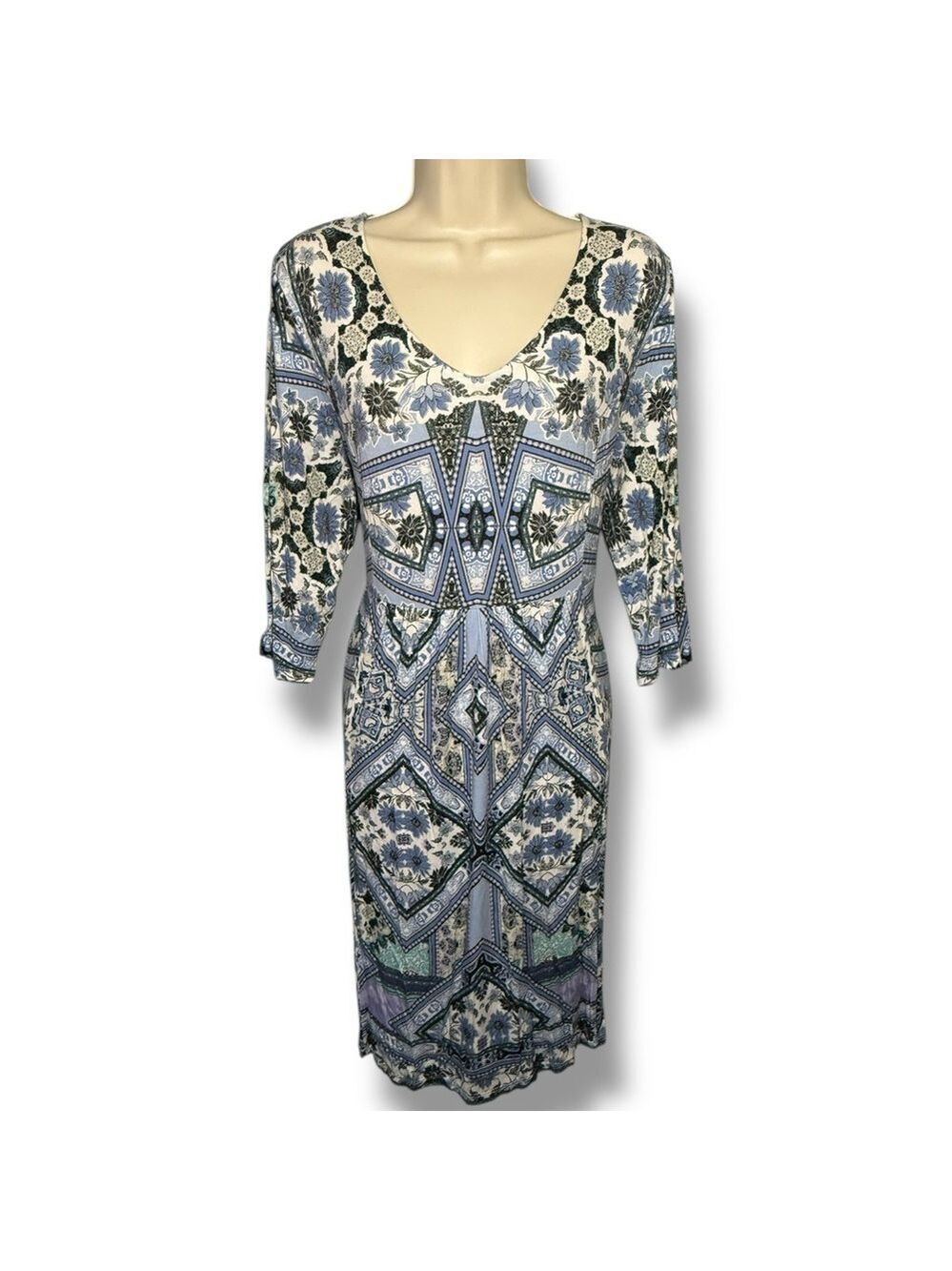 J. Jill Women’s Lapis Art 3/4 Sleeve Dress Blue Gray Size Medium